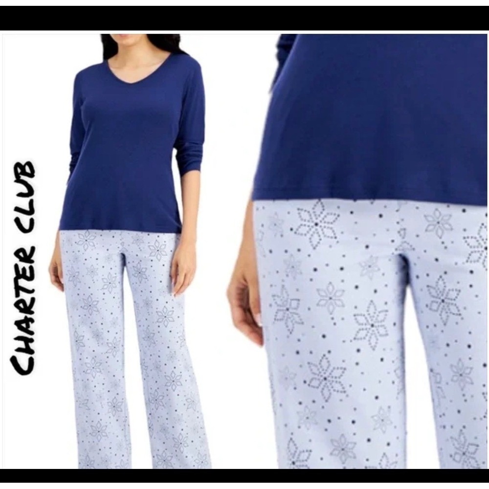 Charter Club Women's 2-Piece Pajama Set Medium Navy Blue and Light Blue